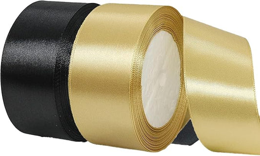 Gold Christmas Ribbon, Gold Black Satin Ribbon 1-1/2 Inch 50 Yards Fabric Ribbons for Christmas Party Decorations, Gift Wrapping, Tree Ornaments, Bouquets, Door Wreaths, Bows Making and DIY Crafts
