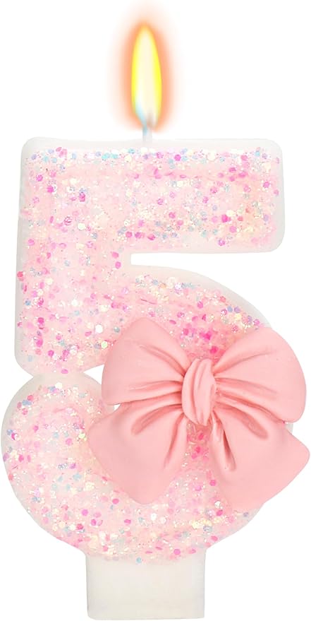Birthday Candle for Cake, 5 Candle - Pink Glitter with Bowknot, 2.76 inch Happy Birthday Candle, Cake Topper Decoration for 5 Years Old Birthday Party (Number 5)