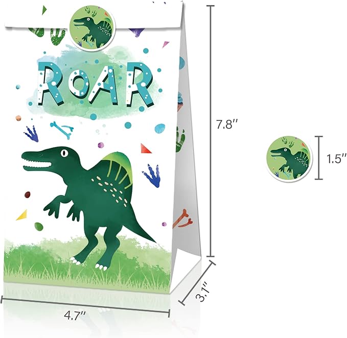 24Pcs Dinosaur Party Favor Bags with 36 Stickers, Watercolor Dino Kraft Paper Gift Bags ,Jurassic Dino Goodie Bags for Kids Birthday,Baby Shower, Dinosaur Themed Party Supplies Decorations