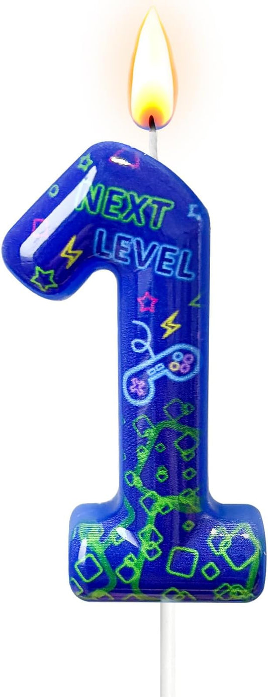 Number 1 Birthday Candle for Cake – Blue Gaming Theme Number Candle with “Next Level” Design, Video Game Style Cake Topper for Anniversary & Celebration