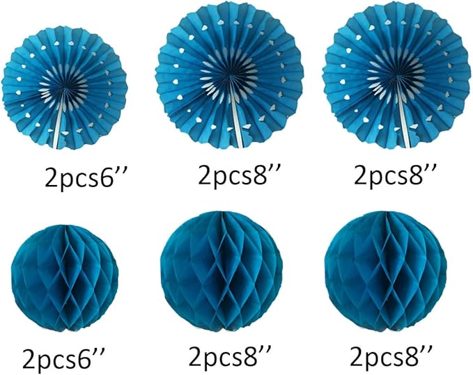 12pcs 6’’ 8’’ Honeycomb Balls Tissue Paper Fans Party Honeycomb Ball Fans Wall Tissue Pom Poms Flower Balls Hanging Paper Fans for Party Baby Shower Birthday Wedding Nursery Wall Decor(Teal kit)