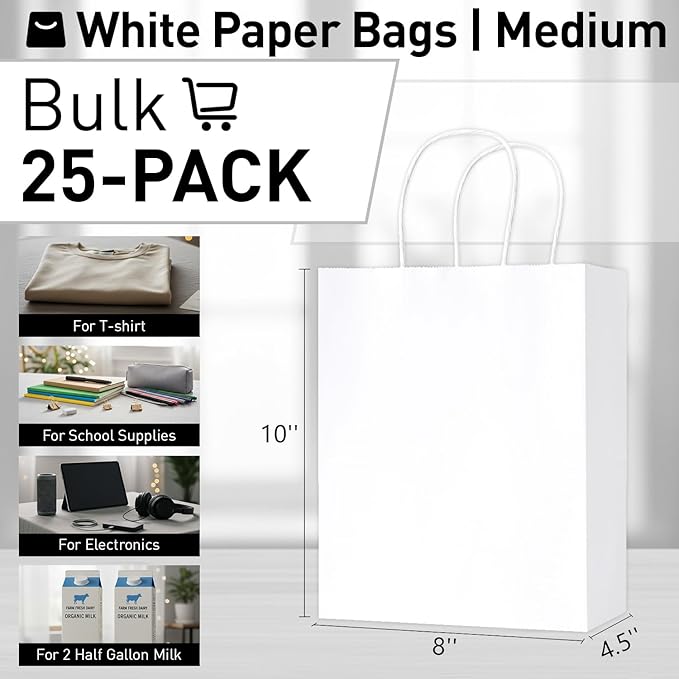 SUNCOLOR White Kraft Paper Gift Bags with Handles, 25 Pack, Medium 8x4.5x10 Inches, Sturdy Recyclable Shopping Bags for Party Favors, Retail, Weddings, and DIY Branding