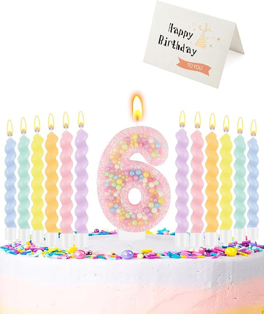 Birthday Candles for Cake, Macaron Number Candles, Cake Candles with Greeting Card for Birthday Party Wedding Anniversary Celebrations (6 Candle)