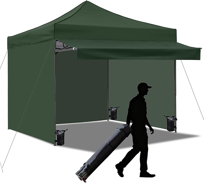 10x10 Pop up Canopy Tent with Awning Easy up Canopy with Wheel Bag Heavy Duty Waterproof Canopy Commercial Gazebo Tent for Outdoors Parties Vendors(Dark Green