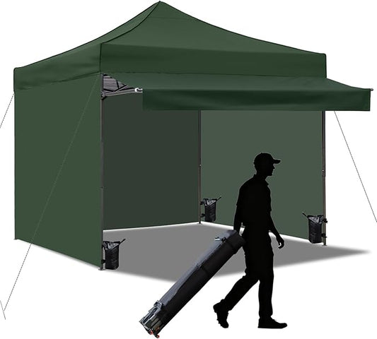 10x10 Pop up Canopy Tent with Awning Easy up Canopy with Wheel Bag Heavy Duty Waterproof Canopy Commercial Gazebo Tent for Outdoors Parties Vendors(Dark Green