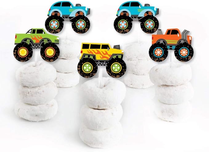 Big Dot of Happiness Smash and Crash - Monster Truck - Dessert Cupcake Toppers - Boy Birthday Party Clear Treat Picks - Set of 24