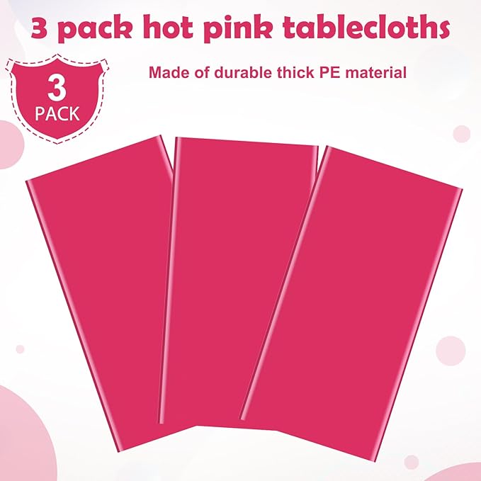 3Pcs Hot Pink Tablecloth,Disposable Plastic Tablecloths,Waterproof Hot Pink Rectangle Table Cover for Graduation Birthdays Weddings Anniversary Party Decorations,54 x 108 Inch