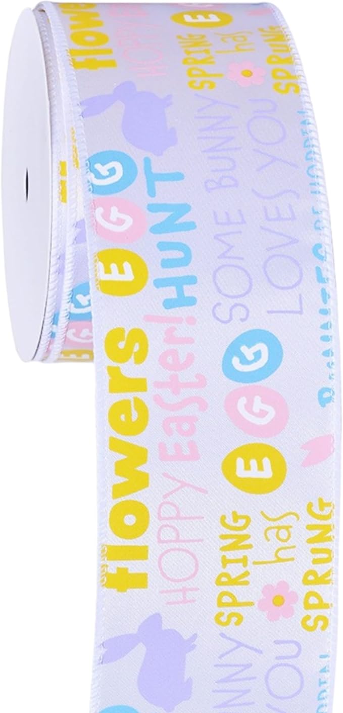 Meseey 2 Rolls Easter Ribbon, 2.5 Inch x 5 Yards Pastel Easter Egg & Happy Easter Wired Ribbon, Decorative Ribbon for Wreaths, Gift Wrapping, Easter Baskets, Crafts, Spring Party Decorations