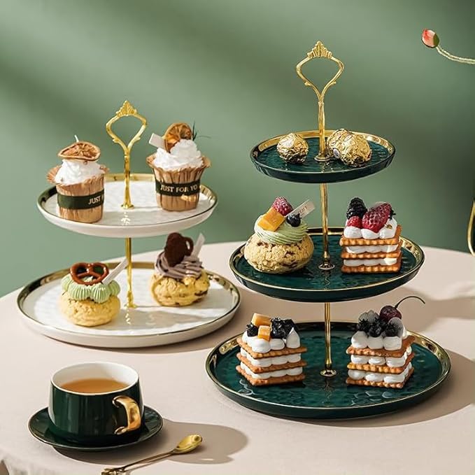 3-Tier Ceramic Cupcake Stand with Gold Trim - Elegant Dessert Serving Platter for Cakes, Pastries, Snacks & Fruits - Parties, Afternoon Tea & Home Decor (White)