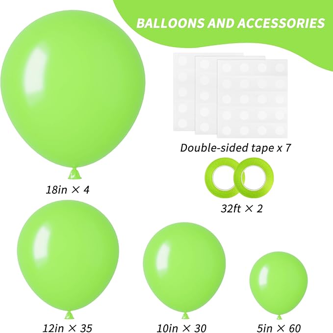 RUBFAC Lime Green Balloons 129pcs Light Fruit Neon Green Latex Balloon 18 12 10 5 Inch Garland Arch Kit for Birthday Party Dinosaur Jungle Baby Shower Decoration