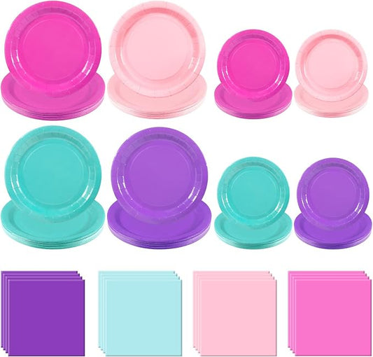 180PCS Teal Blue Pink Purple Paper Plates and Napkins Set – Solid Color Party Supplies, Puppy Dog Party Tableware Supplies for Puppy Gymnastics Birthday Baby Shower Party Supplies Decorations