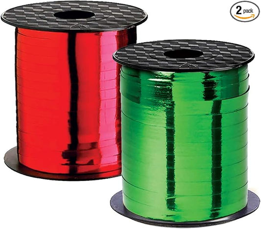 Red Gift Ribbon and Green Curly Christmas Curling Ribbons Holiday Clearance Thin Metallic Green Crimped Iridescent for Present Wrap Holiday Party Crafts, Gift Wrapping