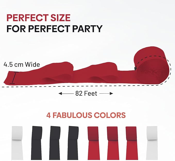 Captain Décor 8 Red Black and White Streamers, 656ft Pack of Crepe Paper for Red Black and White Party Decorations, Bridal Shower and Party Supplies & Birthday Decoration (1.8 inch x 82 ft/Roll)