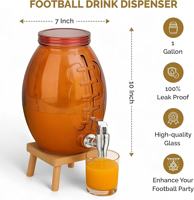 Football Drink dispenser, Glass Beverage Dispenser For Football Party & decorations, Drink Dispenser With 100% Leakproof Spigot Perfect For Parties And Daily Use 1 GALLON