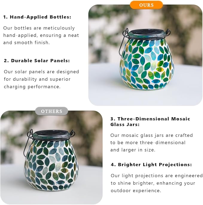 Starsoul Solar Lanterns Outdoor Waterproof, Unique Green Mosaic Glass Solar Garden Lights, Decorative Outdoor Lantern for Outside Patio Pathway Porch Yard Table