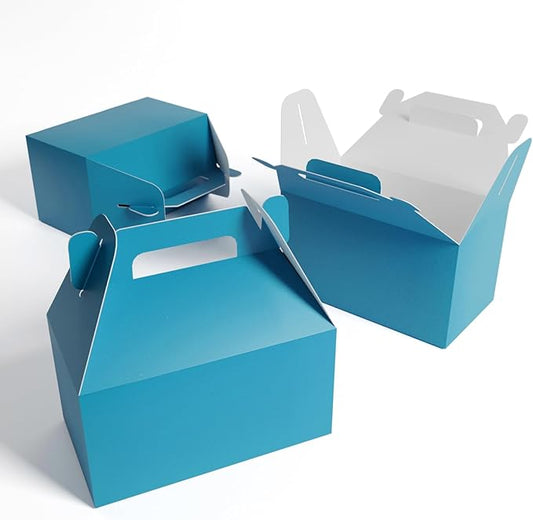 XAGLVV 24 Pack Shiny Teal Paper Gable Boxes,6.2 Inch Candy Boxes with Handle, Snack Party Favor& Gift Cookie bags for kids Birthday,Wedding, Baby Shower, Graduation.