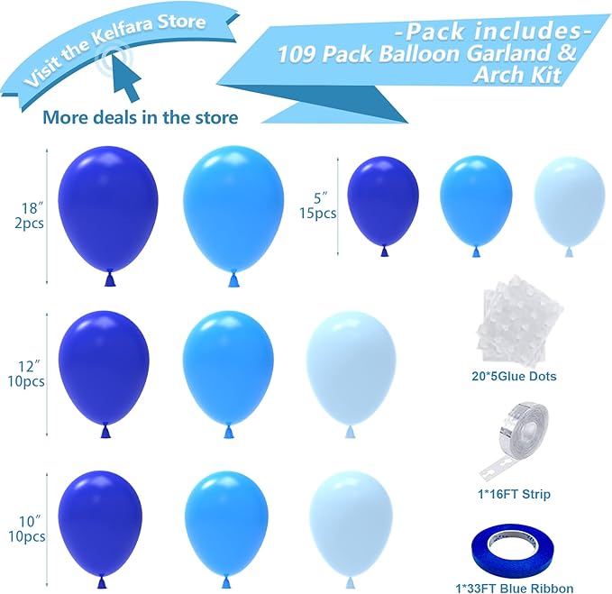 Blue Balloon Garland Arch Kit, Kelfara 109Pcs Royal Blue Pastel Blue Balloons, 18/10/12/5 Inch Latex Balloon for Baby Shower Birthday Engagement Graduation Party Gender Reveal Balloons Decoration