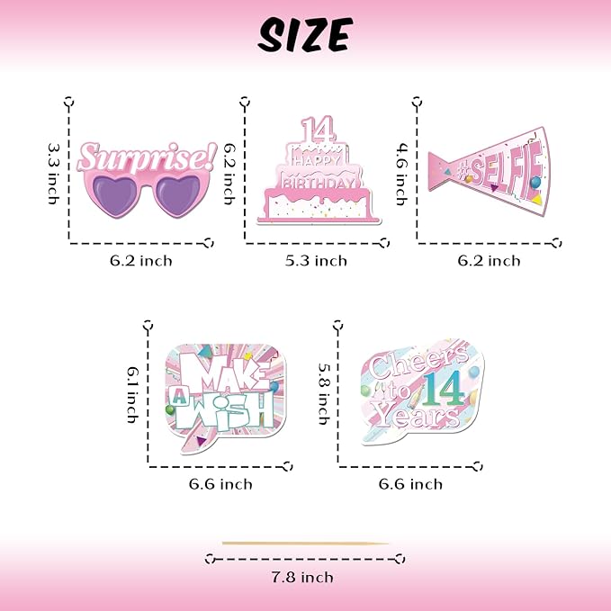 20 Pcs Girl 14th Birthday Photo Booth Props Kit, Pink Fourteen Birthday Party Selfie Decorations, Girl Teen's 14th Bday Party Photography Supplies