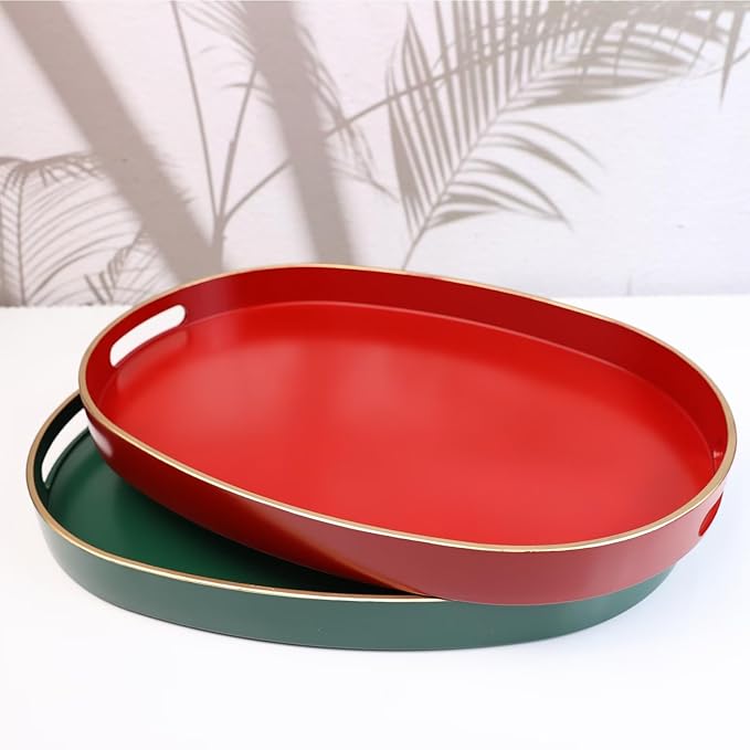 Spsyrine Red Plastic Serving Tray for Ottoman, Coffee Table, Oval Decorative Tray for Entertaining, Outdoor, Living Room, Home Decor