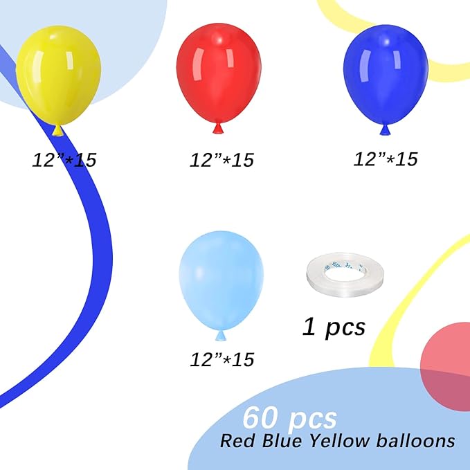 Red Blue Yellow Balloons, 60pcs 12 Inches Blue Royal Blue Red Yellow Balloons with 1 Ribbon for Birthday Baby Shower Carnival Themed Party Decorations