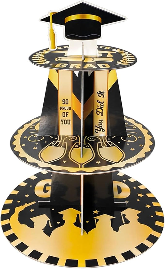 Graduation Cupcake Stand for 25 Cupcakes, Class of 2026 Congrats Dessert Collapsible 3 Tier Holder for Grad Party Black and Gold, Disposable Cardboard Stand Display Tower Graduation Cap Decorations Supplies for College School