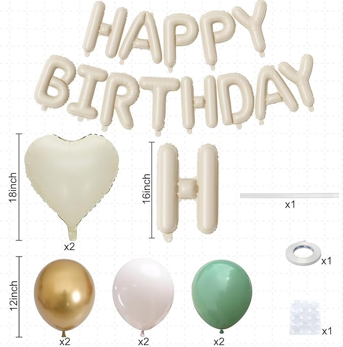 Happy Birthday Balloon Banner Cream Green, 16 Inch Beige Mylar Letters Heart Foil Balloons Sage Olive Green Ivory Metallic Gold Balloons Boho Neutral Birthday Decorations for Girls Women Boy Men