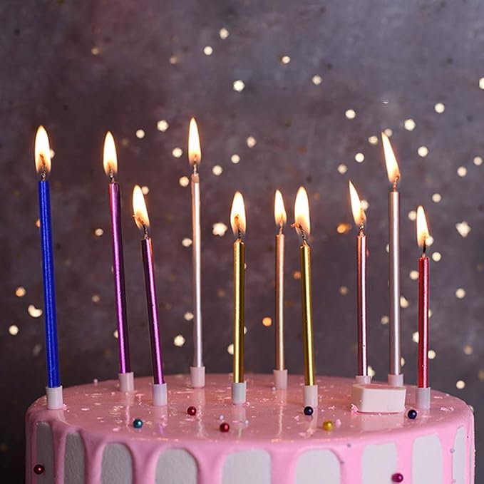 12 Count Long Thin Champagne Silver Birthday Cake Candles in Holders for Birthday Wedding Party Cupcake Decorations Tall Candle 12 Pieces