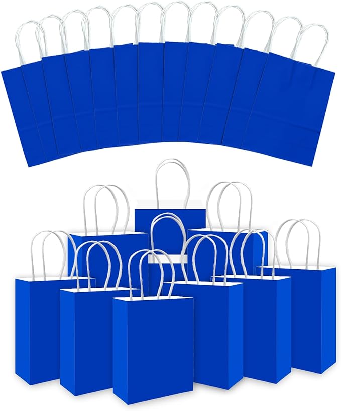 qiqee 24PCS Small Gift Bag with Handles Bulk 8.3"x6"x3" Gift Bags Diamond Blue Bags Multiple Uses (Small Size)