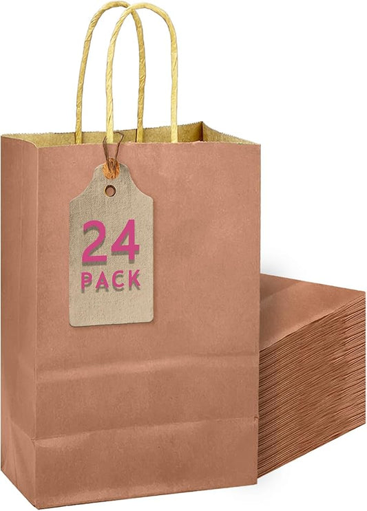 qiqee Apricot Gift Bag with Handles Bulk 24Pcs Paper Bags -10.6"x8.3"x4.3"Party Favor Bags - Solid Color