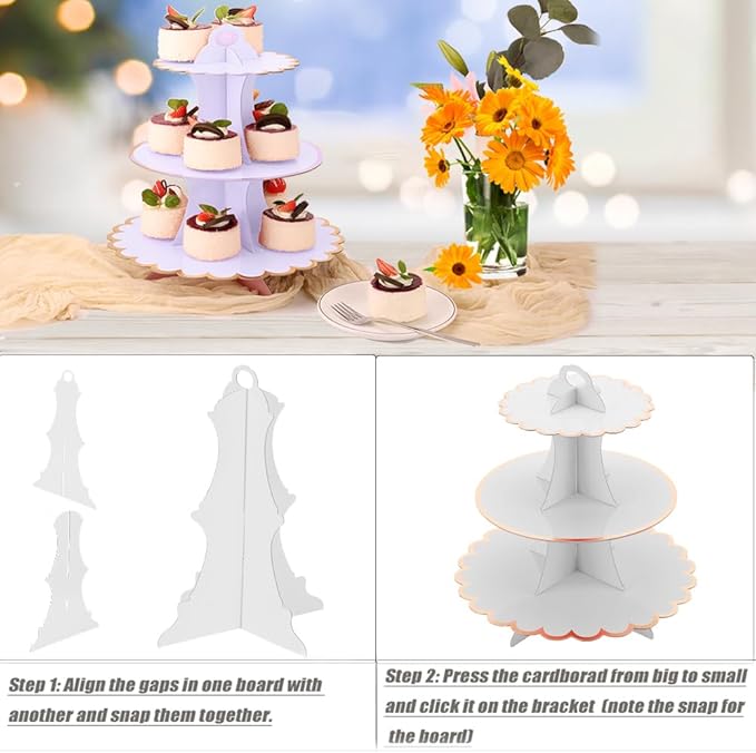 MRPAPA White Tiered Cupcake Stand 2 Pack, 3 Tier Serving Tray for Party Decor, Cup Cake Tower Holder for 24 Cupcakes, Dessert Holder for for Birthday Graduation Baby Shower Tea Party (White)