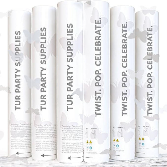 White Biodegradable Butterfly Confetti Poppers Confetti Cannon | 6 Pack | Party Poppers Decoration for Wedding, Graduation, Birthday | Wedding Supplies Party Favors | 12 inch | TUR Party Supplies