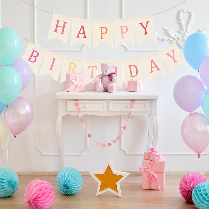 Doumeny Happy Birthday Burlap Banner Boho Birthday Garland Bunting Ombre Pink Bohemian Party Garland Banner Multicolor Happy Birthday Sign Flag Birthdays Hanging Bunting for Home Wall Mantel Fireplace