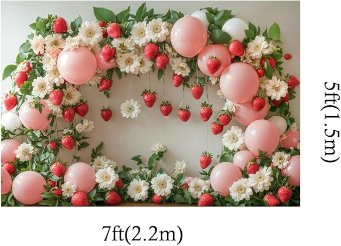Kate 7x5ft Strawberry Daisy Balloon Photography Backdrop Pink White Floral Photo Booth Background for Sweet One Birthday Berry Sweet Baby Shower Girl Strawberry Themed Party Decorations