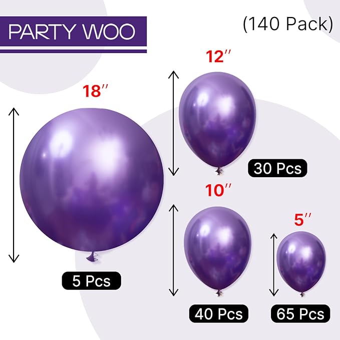 PartyWoo Metallic Purple Balloons 140pcs Different Sizes of 18 12 10 5 Inch Chrome Purple Balloon Arch Kit Garland for Graduation Wedding Baby Shower Princess Birthday Party Decorations Purple-G105