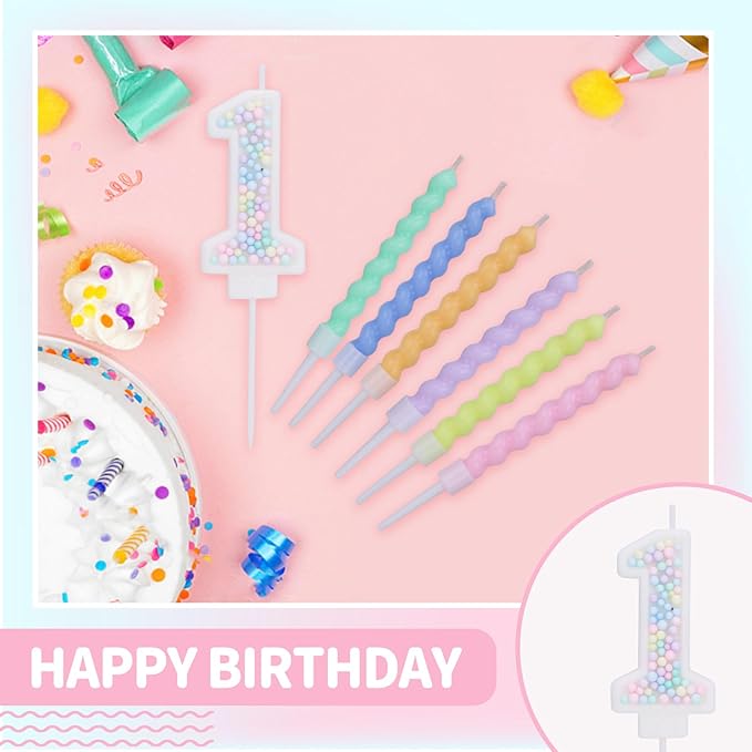 Number 1 Birthday Candles for Cake with 12 Pieces Spiral Candles with Macaron Pastel Rainbow Pink Cake Toppers for Girls Happy Birthday Party Decorations