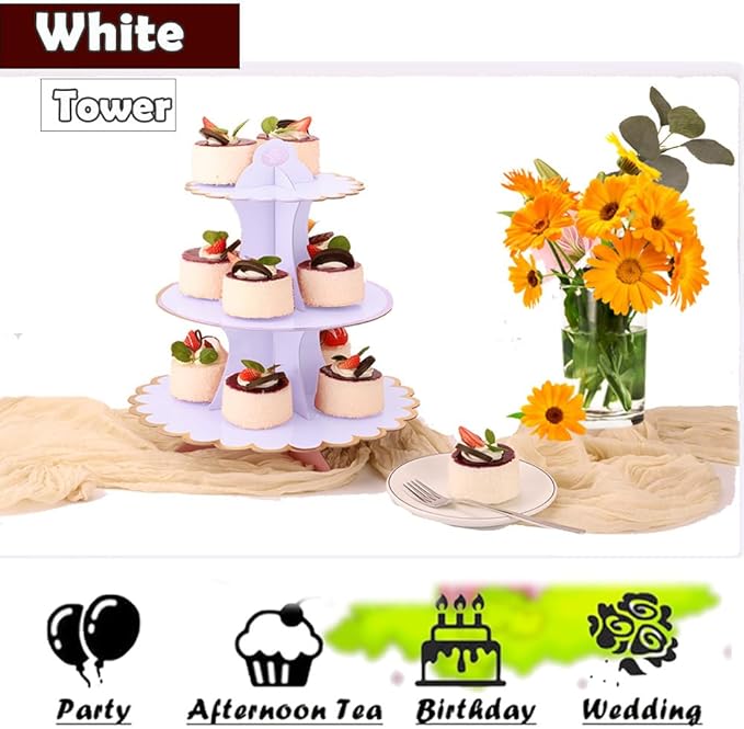 MRPAPA White Tiered Cupcake Stand 2 Pack, 3 Tier Serving Tray for Party Decor, Cup Cake Tower Holder for 24 Cupcakes, Dessert Holder for for Birthday Graduation Baby Shower Tea Party (White)