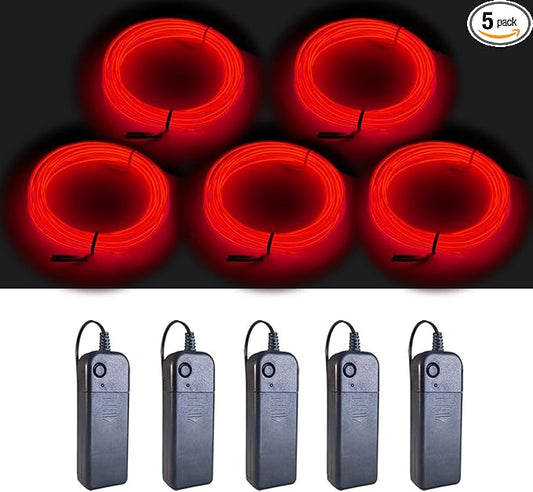 MaxLax EL Wire Red 5-Pack, 9ft/2.75m Neon Light Wire with Noise Reduction and Battery Pack…