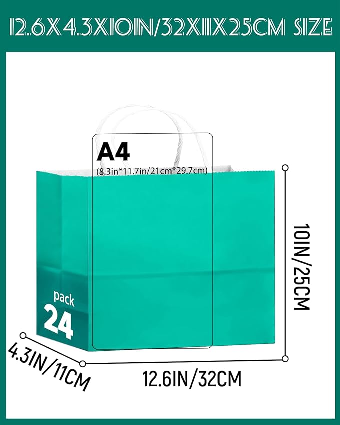 qiqee 24PCS Large Gift Bag with Handles Bulk 13"x4.5"x10" Gift Bags Lake Green Bags Multiple Uses (32x11x25cm,Wide Large)