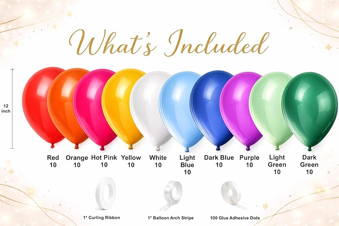 100 Pack Balloon Arch Kit – 12 Inch Assorted Rainbow Latex Balloons with Arch Strip, Glue Dots & Ribbon – Balloon Garland Decoration Set for Birthday, Baby Shower, Graduation & Party Decor