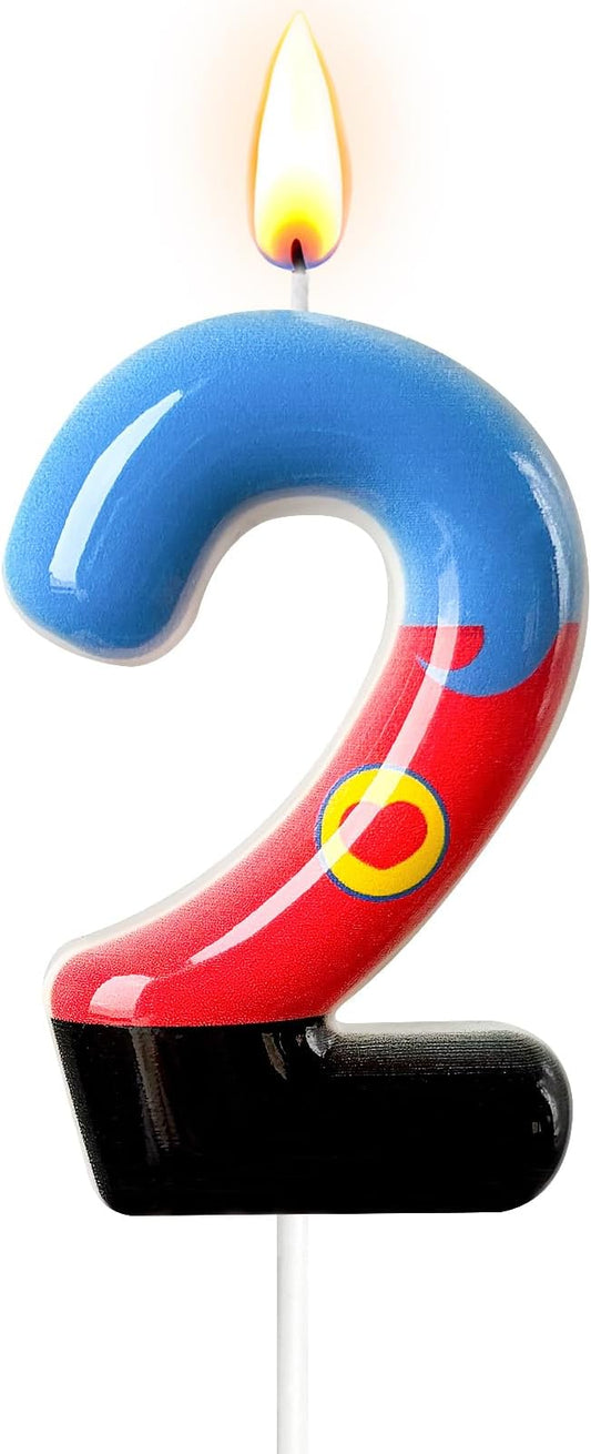 Number 2 Birthday Candle for Cake – Red Blue Cartoon Hero Style with Heart Design – Cute Cake Topper for Birthday Party Decoration
