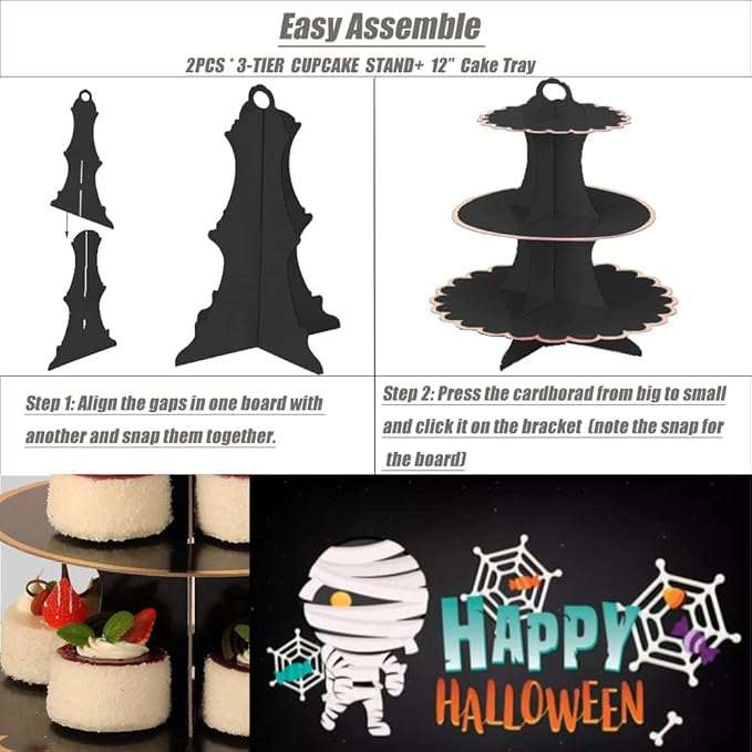 MRPAPA 2Pack Cardboard Cupcake Stand , 3 Tier Dessert Tray, Disposable Paper Mini Cake holder Environment Firendly 3-Tiered Cupcake Tower Tray Table Halloween Decorations (Black)