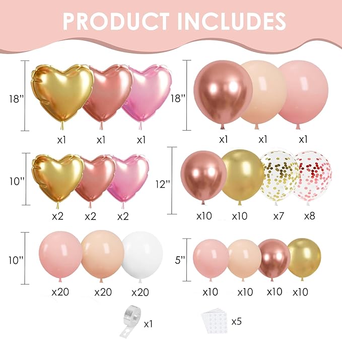 Rose Gold Pink Balloon Arch Kit,Light Pink Nude White Metallic Gold Balloons Garland Rose Gold and Gold Confetti Balloons with Heart Balloon for Wedding Bridal Shower Birthday Party Decorations