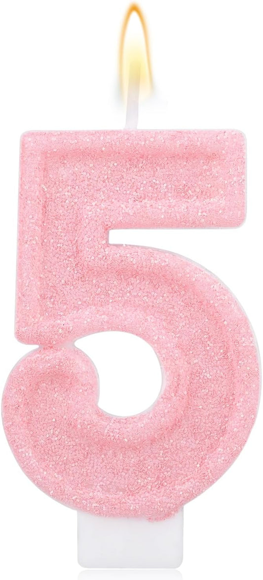 Pink Number Birthday Candles, Romantic Cake Glitter Pink Number Candles Anniversary Cake Topper Decoration Cute Birthday Party Supplies for Wedding Anniversary Celebration Supplies (5)
