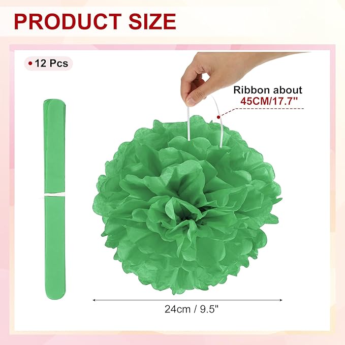 PATIKIL 10inch Tissue Paper Pom Poms, 12PCS Pom Poms Paper Flowers Ball Tissue Paper Flowers for Wedding Bridal Shower Birthday Bachelorette Party Backdrop Decoration, Green