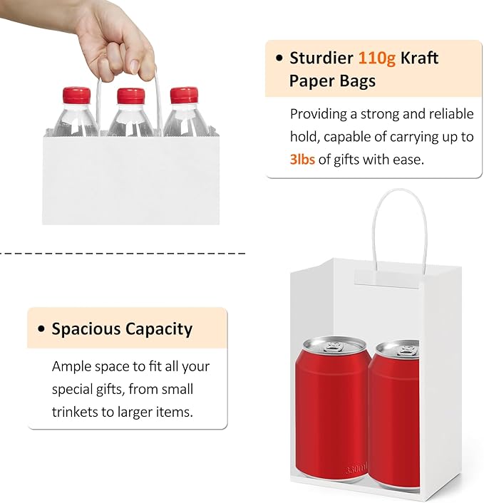 BagDream Small Gift Bags 25Pcs 5.25x3x8 Kraft White Paper Bags with Handles, for Small Gifts, Birthday, Wedding Party Favor, Retail Merchandise Paper Sacks