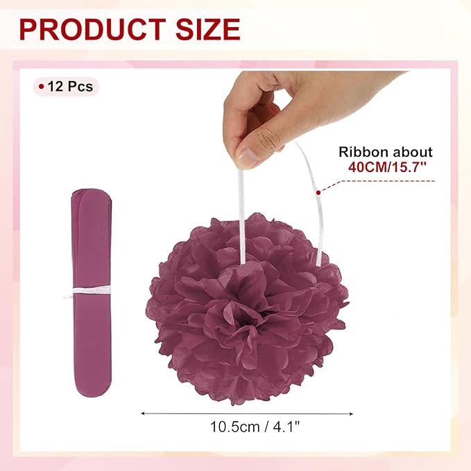 PATIKIL 4inch Tissue Paper Pom Poms, 12PCS Pom Poms Paper Flowers Ball Tissue Paper Flowers for Wedding Bridal Shower Birthday Bachelorette Party Backdrop Decoration, Wine Red