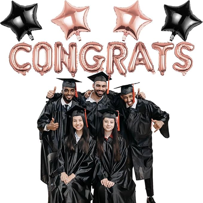 Graduation Balloons Set - CONGRATS GRAD Rose Gold Foil Letter Balloons with Star Decorations - Perfect Graduation Gift for 2026 Graduates - Party Decoration Kit