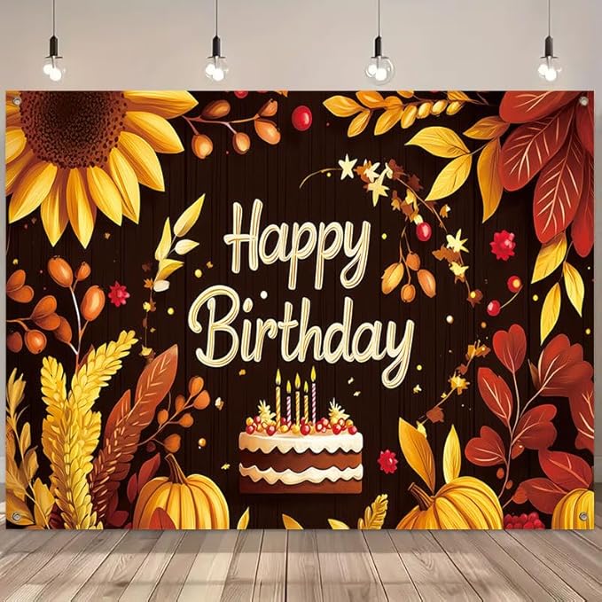 Happy Birthday Porch Banner 71x43 Inch, Large Autumn Theme Backdrop with Sunflowers ActFirst Pumpkins Leaves and Cake, Birthday Party Decorations for Indoor Outdoor Yard Patio