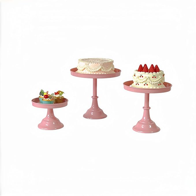 3 Pcs Metal Round Cake Stand Set 8“10”12" Cake Display Stand Dessert Cupcake Display Tray for Graduation,Wedding,Birthday,Party,Baby Shower,Anniversary,Ceremony,Christmas (Pink)