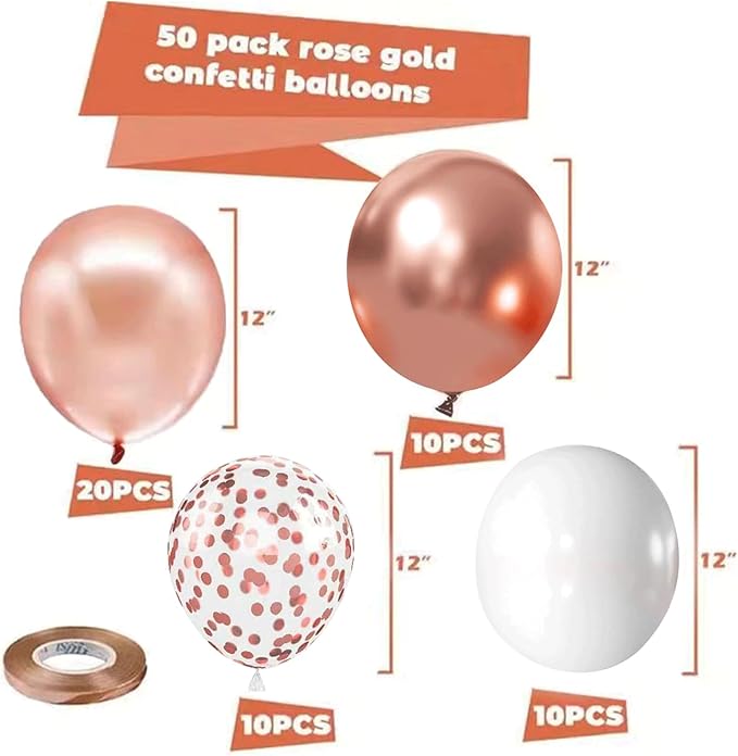 Rose Gold Confetti Balloons - 50pcs 12 Inch Metallic Rose Gold and White Latex Balloons for Bridal Shower Sweet 16 Birthday Wedding Anniversary Party Decorations